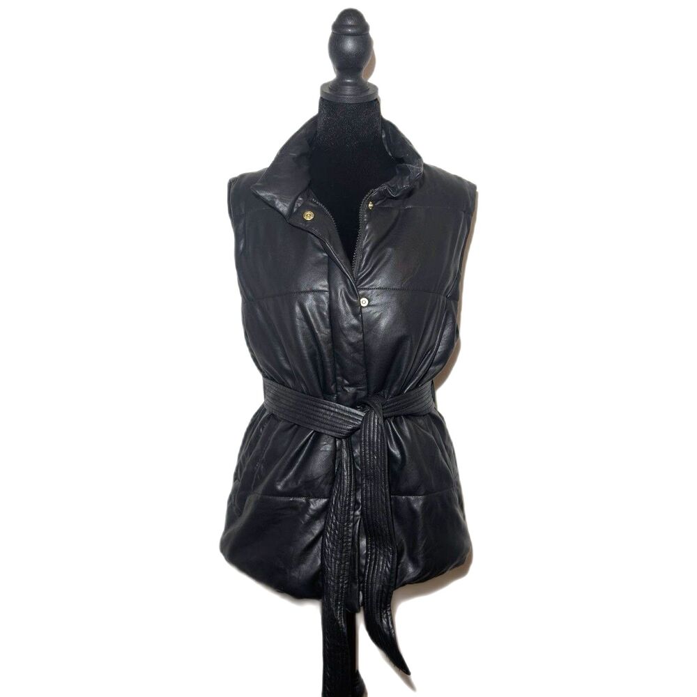 Marc New York Andrew Marc Women's Black Faux Leather Puffer Vest Belted XS